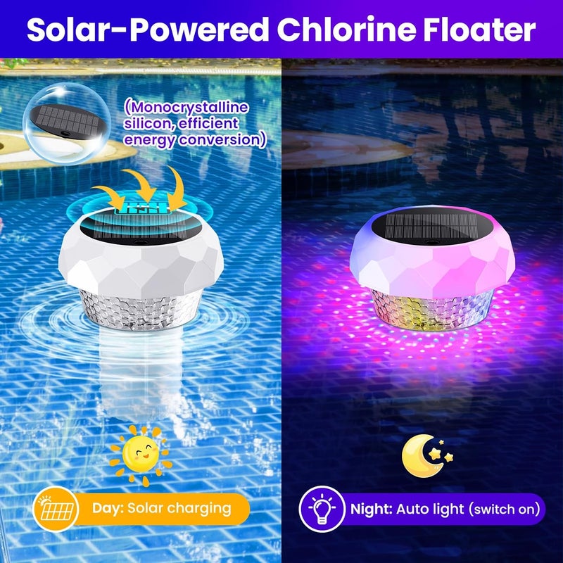 JEMULICE Solar Pool Chlorine Floater with Colorful Lights, Remote-Controlled Lights Adjustable Release Easy-Open Chlorine Floater Dispenser for Pool Large Capacity for 3'' or 1'' Tablets - Image 2